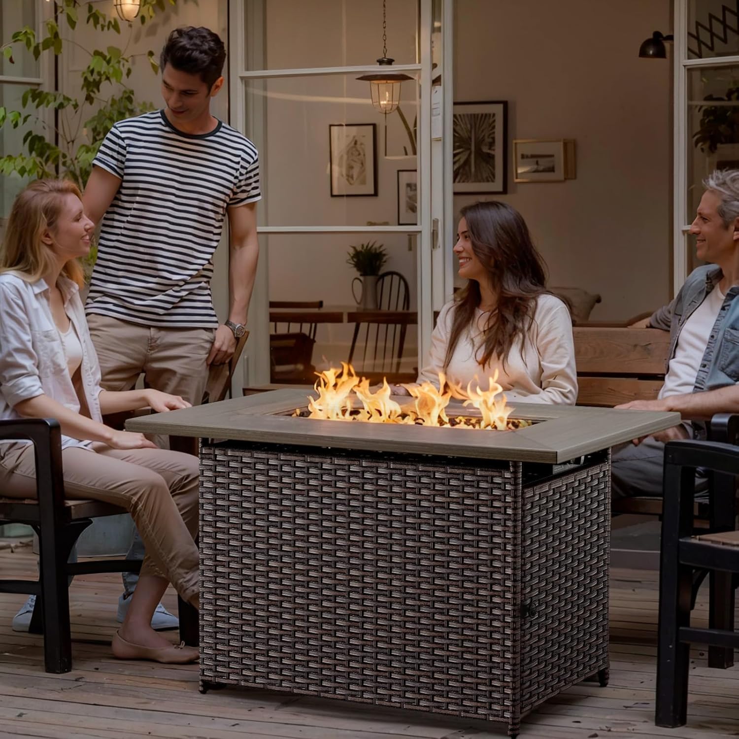 Outdoor Fire Table 41in Rectangle Propane Fire Pit Table, 50000 BTU Gas Fire Pit Table with Lava Rocks Brown Wicker 2-in-1 Firepit Table for Patio Garden Balcony