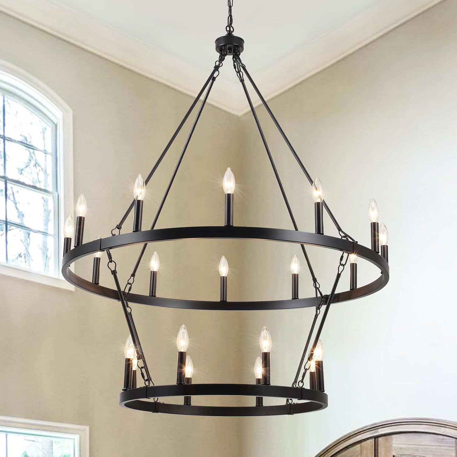 Black Wagon Wheel Chandelier 2 Tier 20-Lights 40 Inch Extra Large Farmhouse Light Fixture Rustic Lighting Round Chandeliers for Dining Room Kitchen Island Foyer Entryway