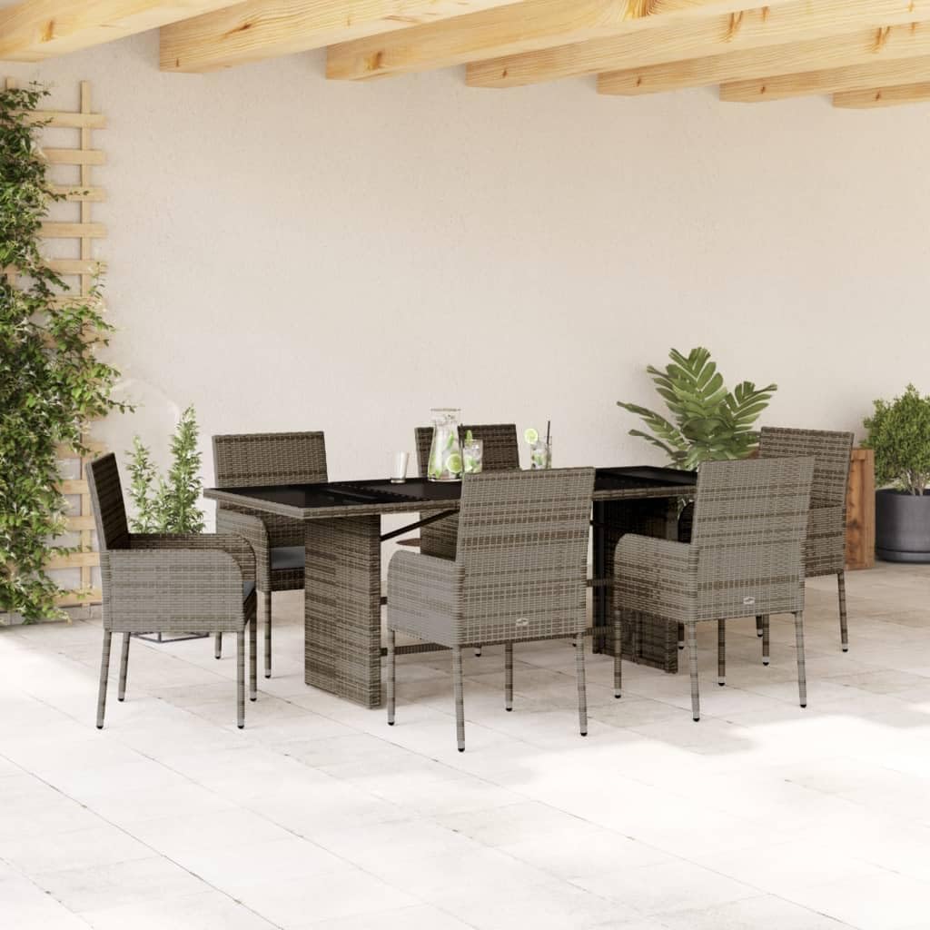 7 Piece Patio Dining Set with Cushions Gray Poly Rattan Garden Furniture