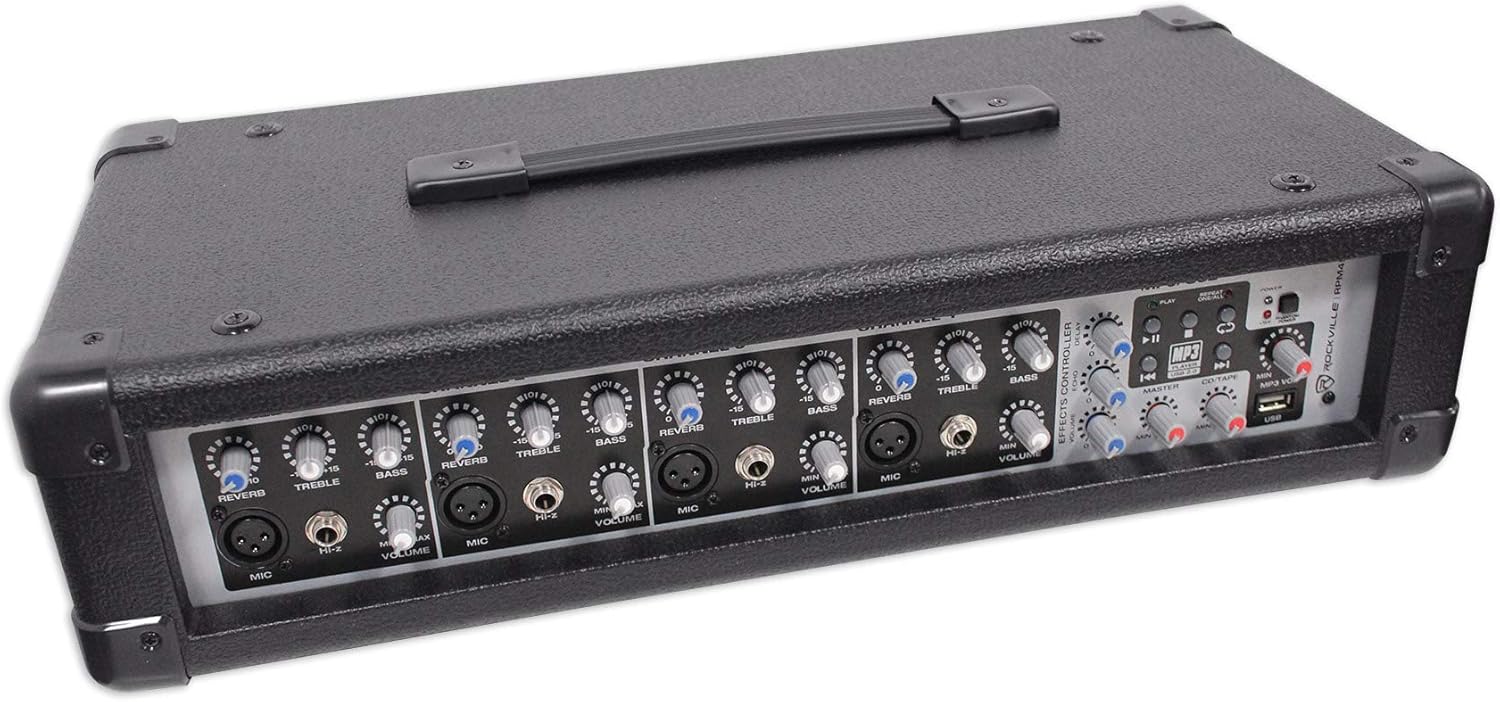 Rockville RPM45 1800w Powered 4-Channel Mixer Amplifier, USB, EQ, Effects, Phantom Power, Durable Wooden Enclosure, Compact Design, for Musicians and Small Venues