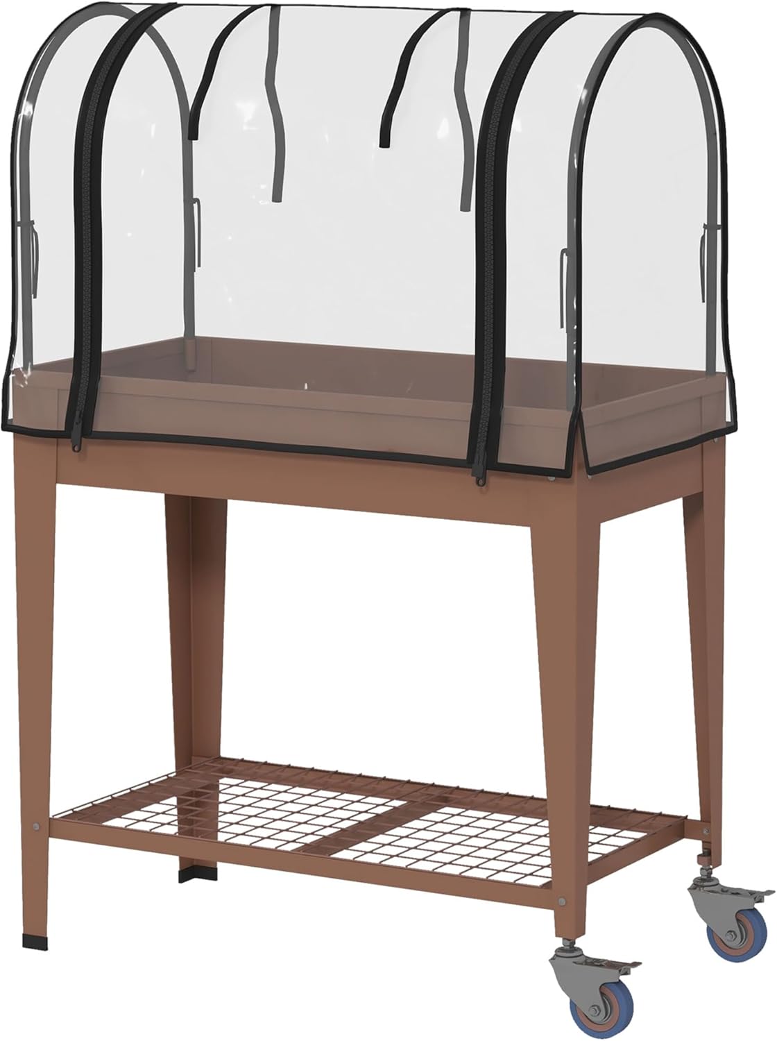 Outsunny Raised Garden Bed with Greenhouse Cover, 3' x 1' x 4' Mobile Elevated Planter Box on Wheels with Zippered Roll-up Door, Storage Shelf for Vegetables, Flowers, Herbs, Brown