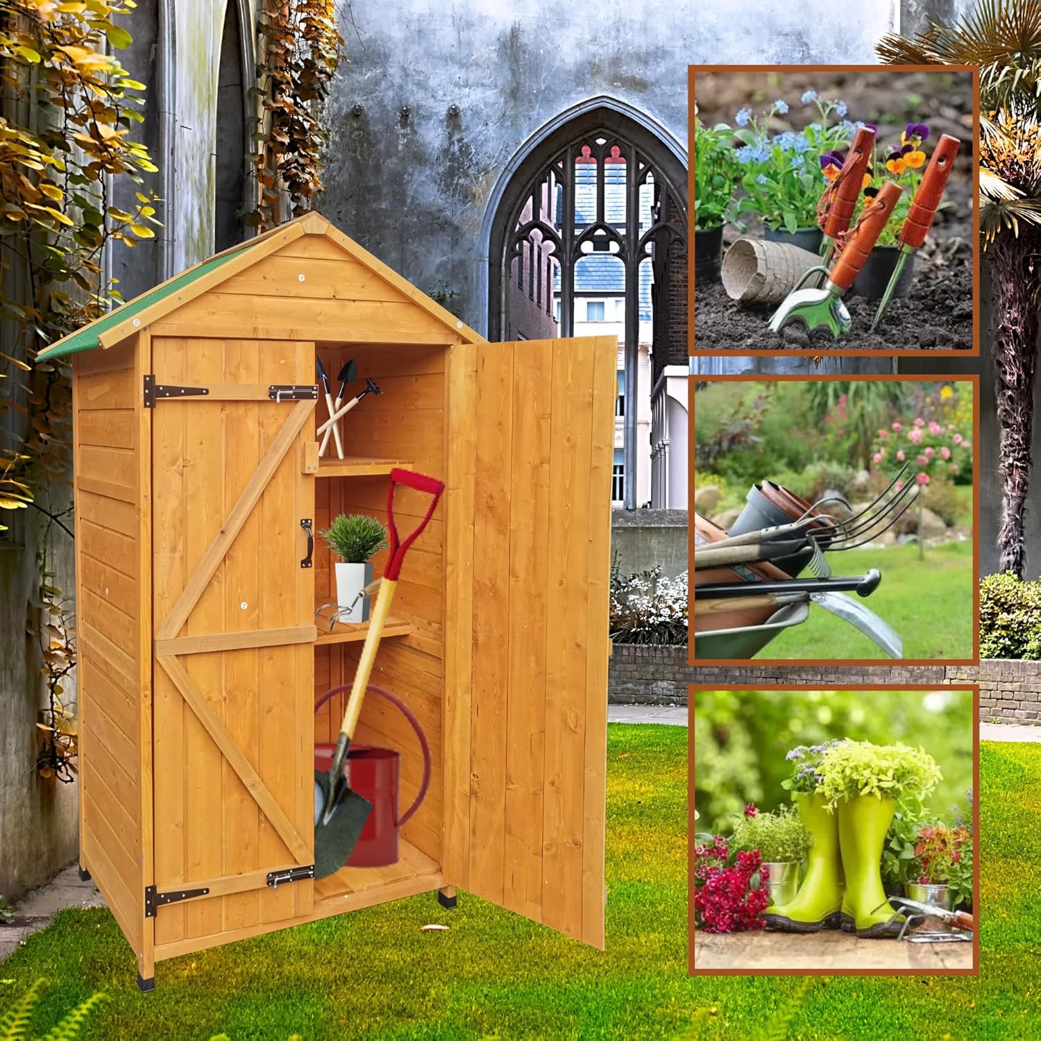 Wood Outdoor Storage Shed with Triangular Roof and Shelves,Outdoor Tool Storag Cabinet with Latch,Outdoor Storage Cabinet for Garden,Backyard,Natural