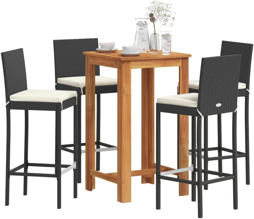 5 Piece Patio Bar Set Black Solid Wood Acacia and Poly Rattan,Stylish Patio Bar Set with Rattan Stools and Acacia Wood Table for Outdoor Relaxation Furniture Sets for Patio, Lawn & Garden