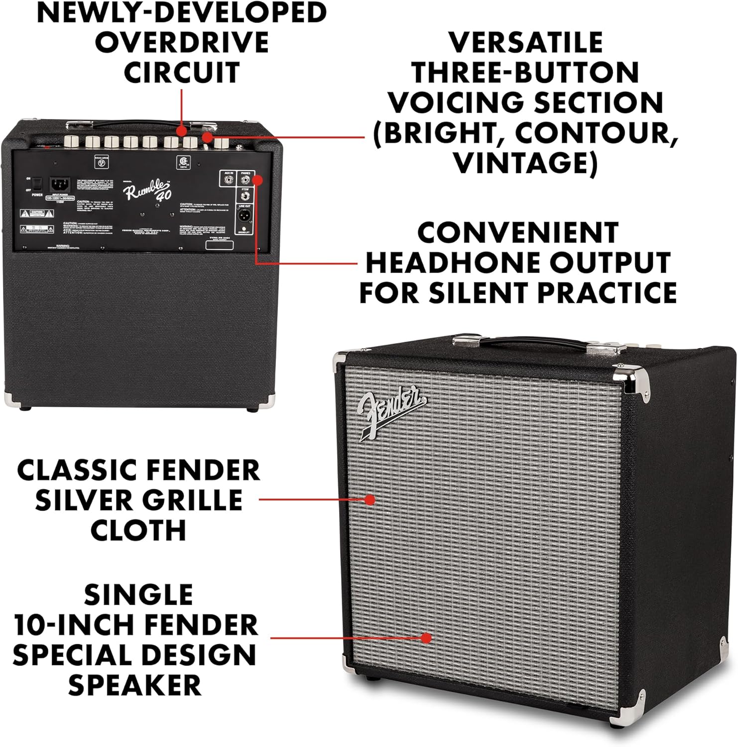 Fender Rumble 40 V3 Bass Amp for Bass Guitar, 40 Watts, with 2-Year Warranty Speaker, with Overdrive Circuit and Mid-Scoop Contour Switch