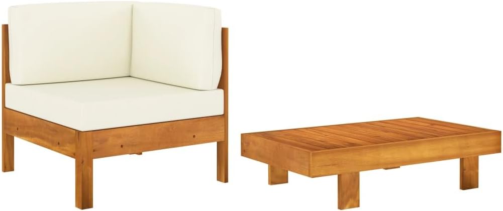 2 Piece Patio Lounge Set with Cream White Cushions Acacia Wood,Acacia Wood Patio Sofa Set with Table and Cushions for Outdoor and Garden Outdoor Furniture Sets, Sectional Sofa Units
