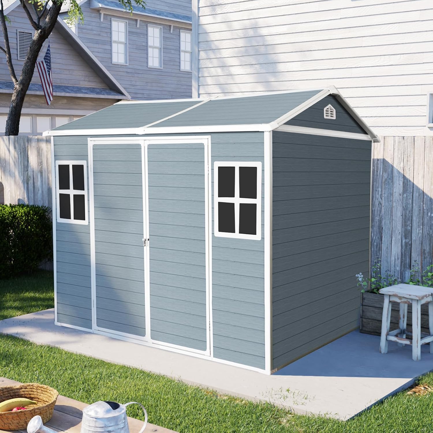8x6 FT Outdoor Storage Shed Waterproof with Floor, Two Windows & Lockable Door - Metal Garden Tool Bike Sheds Kit, Lean-to Shed for Backyard Storage Building Cabinet House,Grey