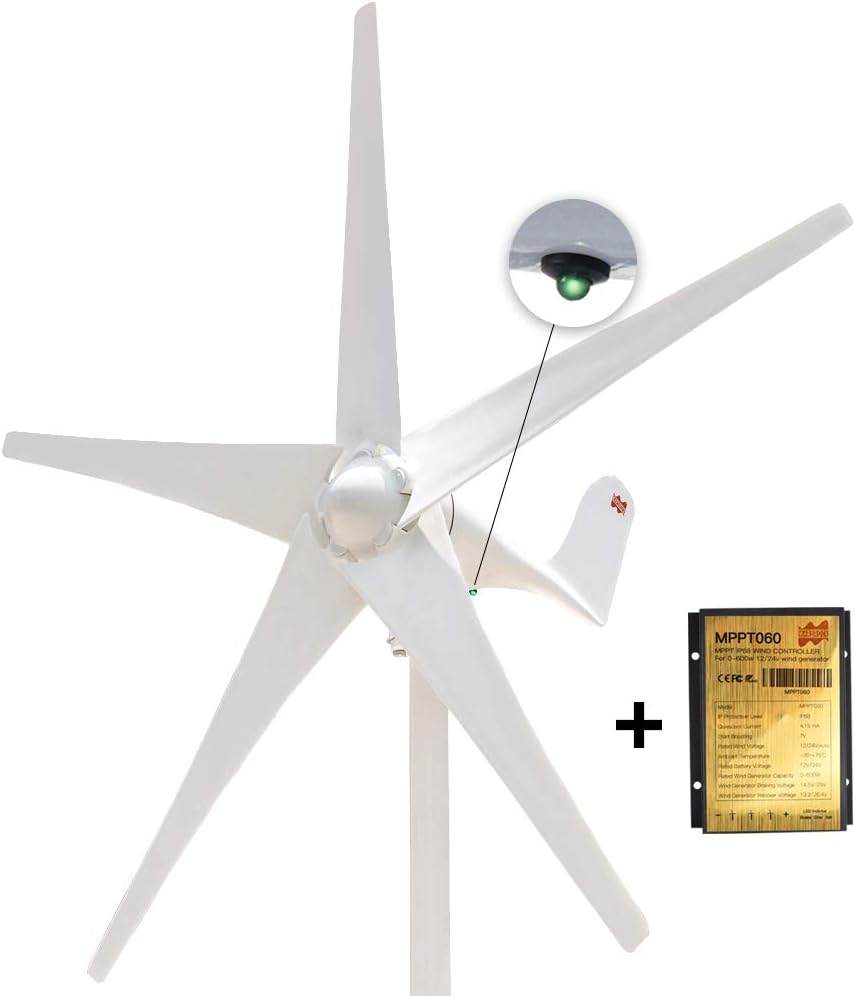 400W 12V AC 5 blades Small Wind Turbine Generator With Charging Indicator Windmill MPPT Controller For wind and solar hybrid light monitor systems 2m/s Low Start Wind Speed(5S-400H-12W)