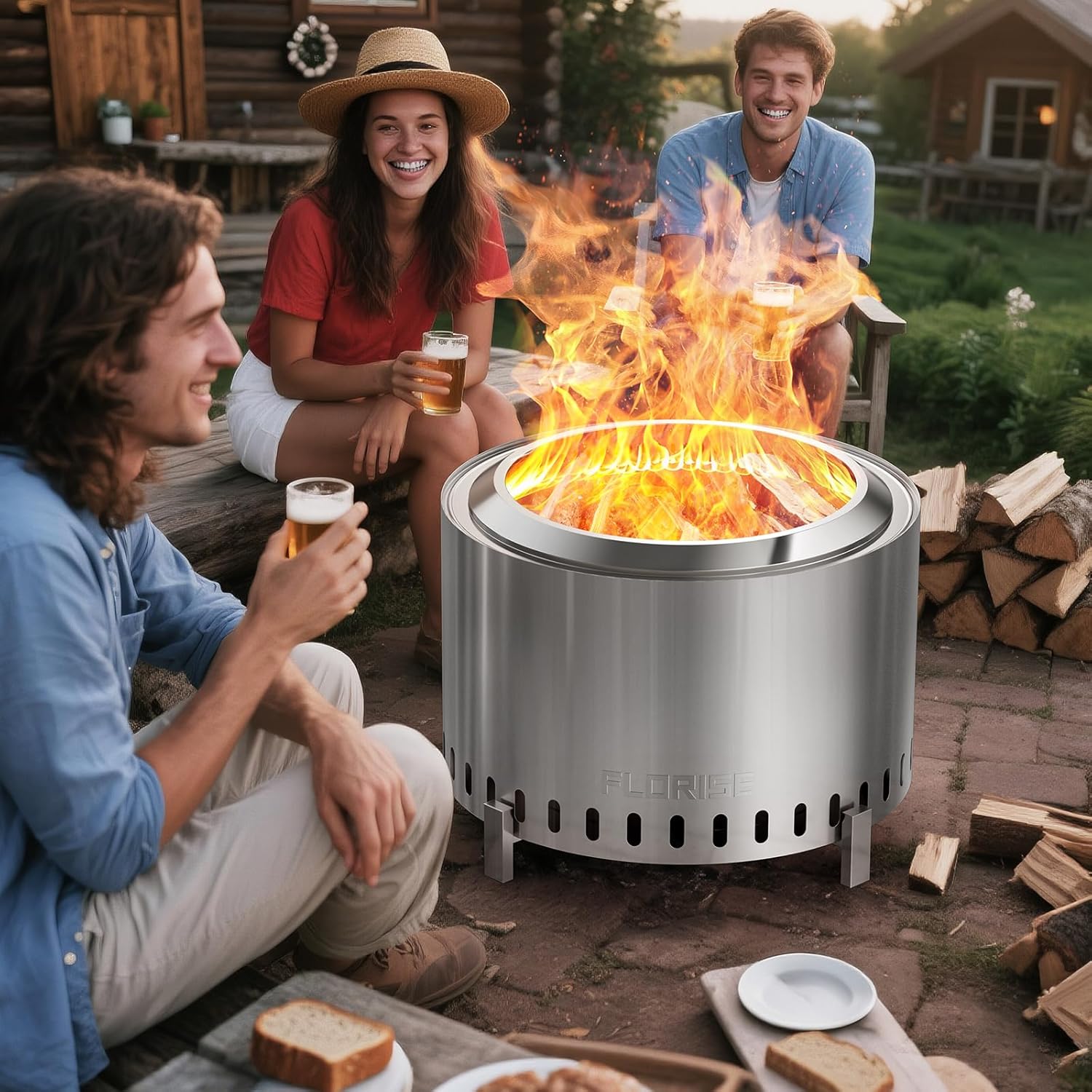 27 Inch Smokeless Fire Pit, Outdoor Portable Firepit with Waterproof Cover & Poker, Stainless Steel Wood Burning Fireplace for Outside,Patio, Camping, Bonfire, Silver