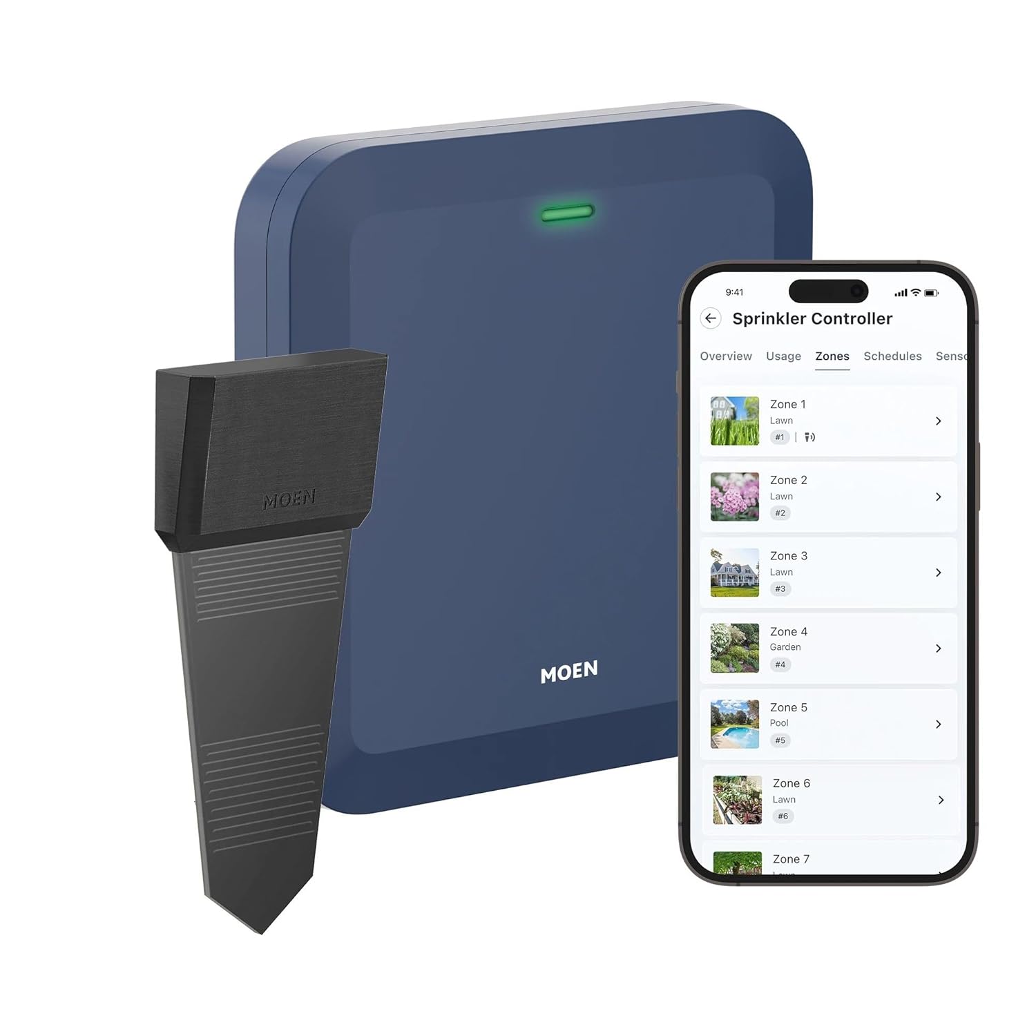 Moen 16-Zone Smart Sprinkler Controller, Wi-Fi Connectible Smart Irrigation System with Automatic Water Timer, WICNT016G1USA with 16 Moen Smart Wireless Soil Sensor