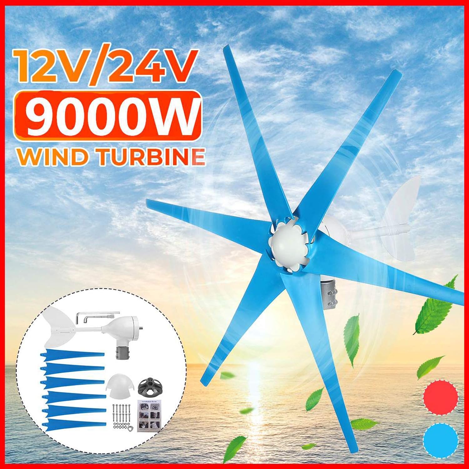 12V Vertical Shaft Wind Turbine Generator,9000W 6 Blades Easy Install Wind Force Turbines Charge Kit, for Home Camping,48V