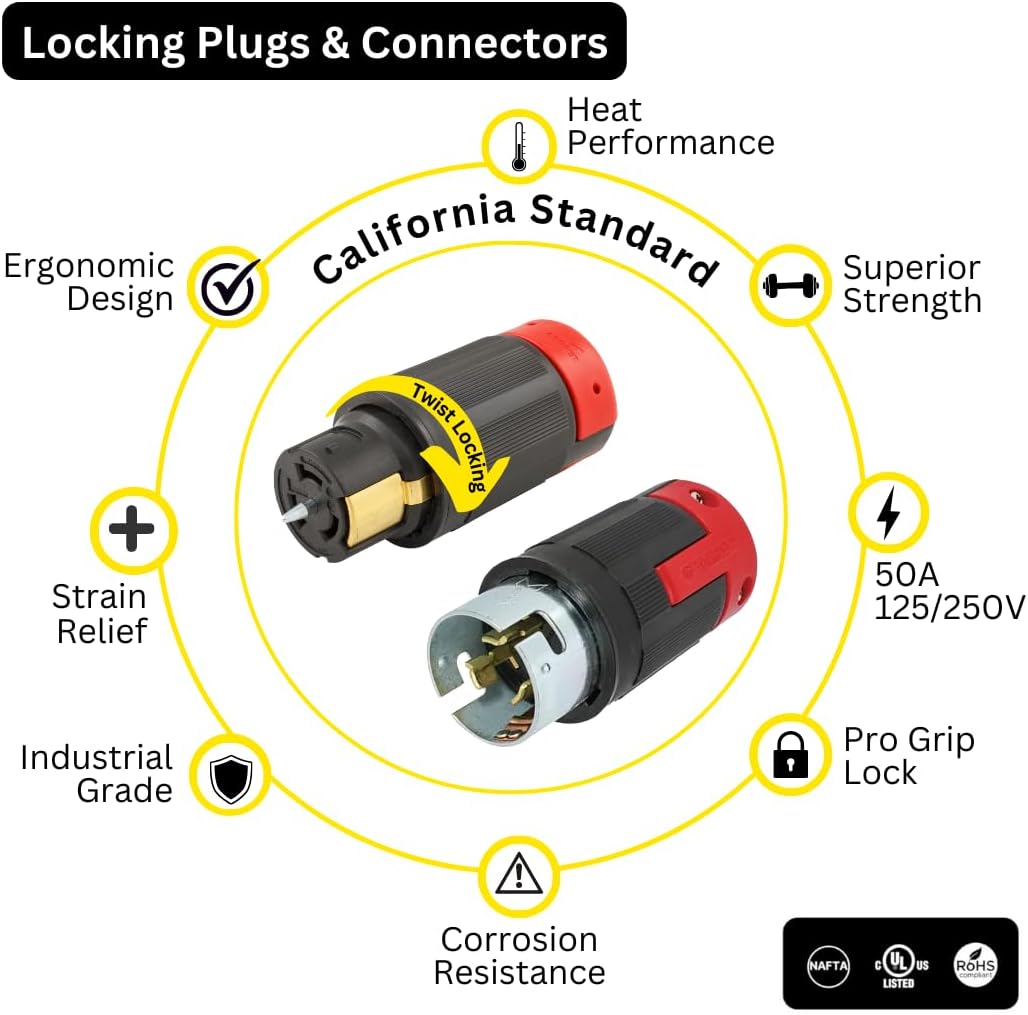 Spider Box Twist-Lock Generator Power Extension Cord, 50 Amp, 125/250V, SOOW Cable Type, Gauge 6/4, Professional-Grade Outdoor California Standard locking extensions, 100' Long, Black
