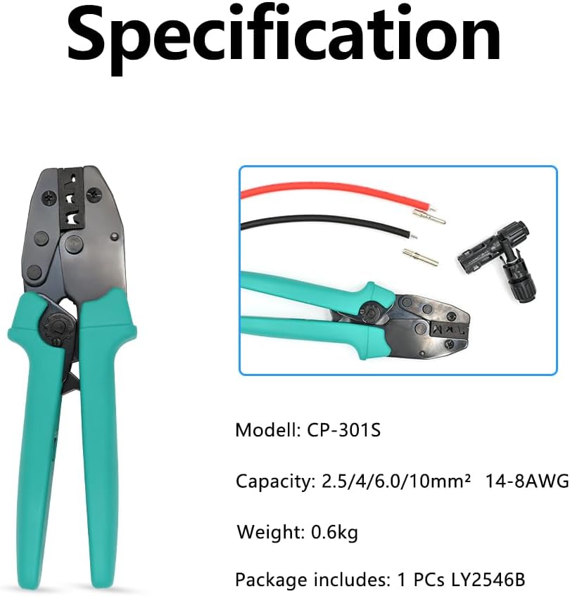 Solar Crimper 14/12/10/8AWG, Solar Crimping Tool Used for 2.5/4/6/10mm Solar Panel Connector and Solar Panel Cables