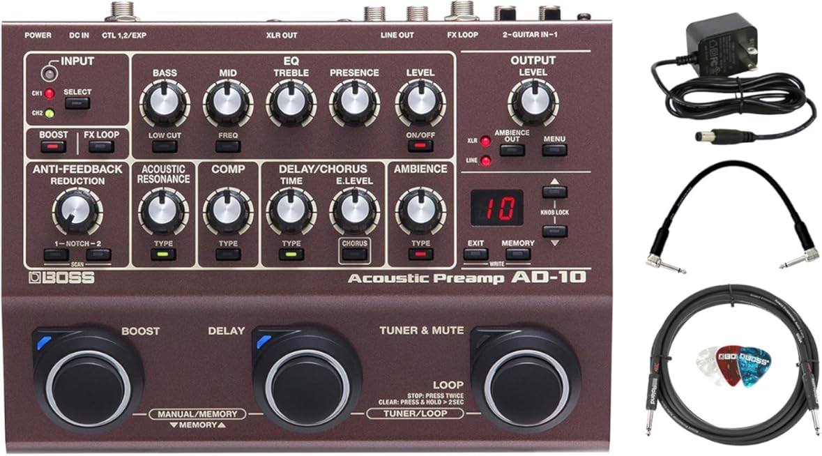 Boss AD-10 Acoustic Preamp Bundle with Gearlux Power Supply, 10ft Instrument Cable, 6in Patch Cable, and Picks
