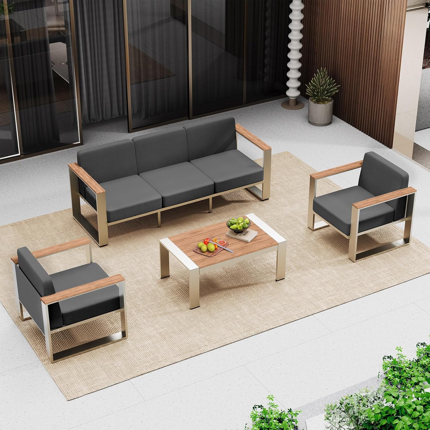 Outdoor Patio Furniture Set, 4 Piece Aluminum Patio Furniture Set with Wide Seat and Thick Cushions, Modern Outdoor Patio Conversation Sets for Deck, Porch (Teak-Charcoal)