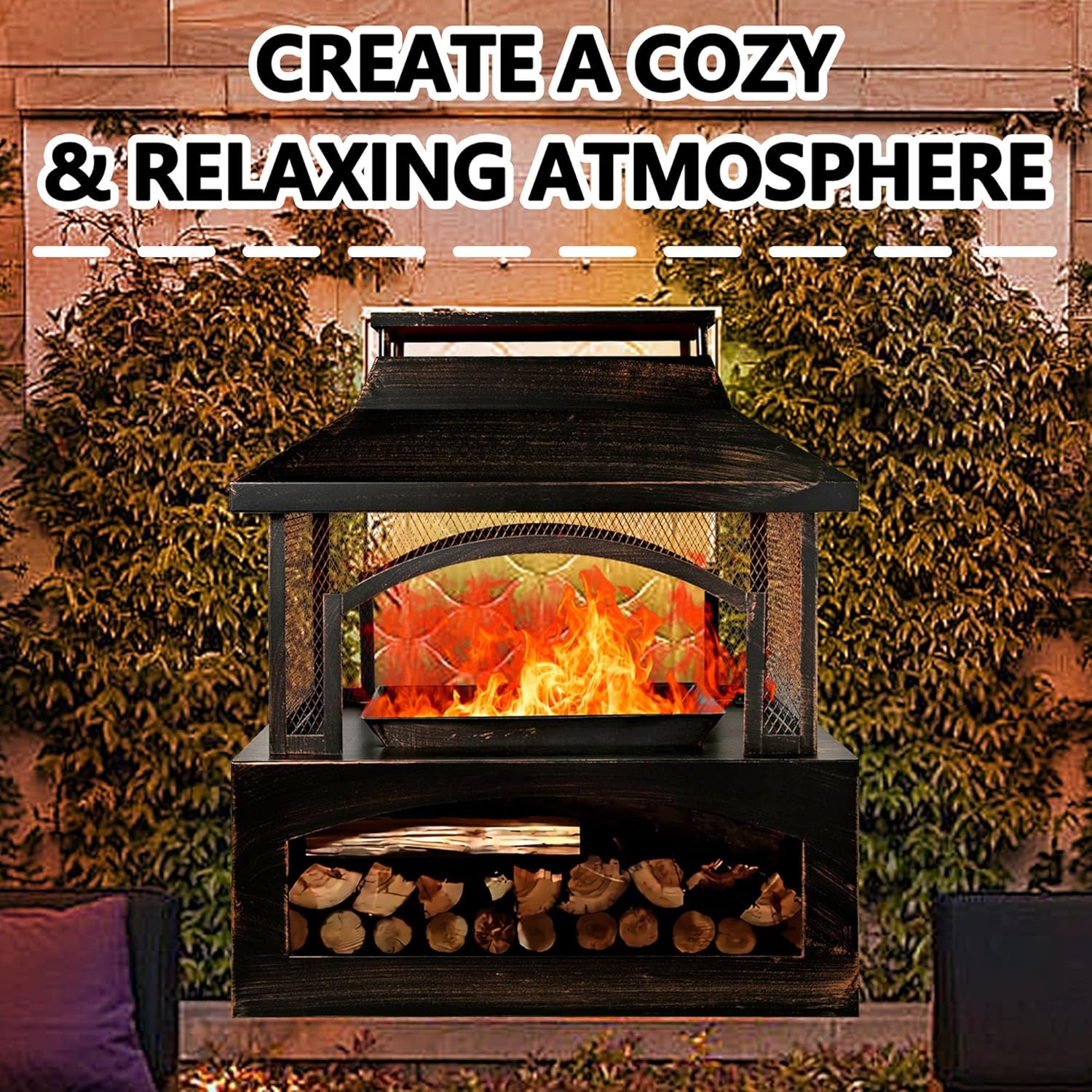 Steel Fire Pits for Outside Wood Burning, 37-Inch Rectangular Outdoor Fireplaces with Chimney & Fire Poker, Large Firepit & Fire Table for Backyard Patio Party Camping Picnic