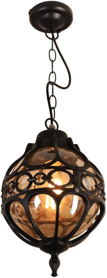 Retro Outdoor Pendant Light Industrial Vintage Outside Waterproof Ceiling Hanging Light Globe Glass Lampshade Aluminum Chandelier for Porch Garden Patio Farmhouse (Black, 27cm)