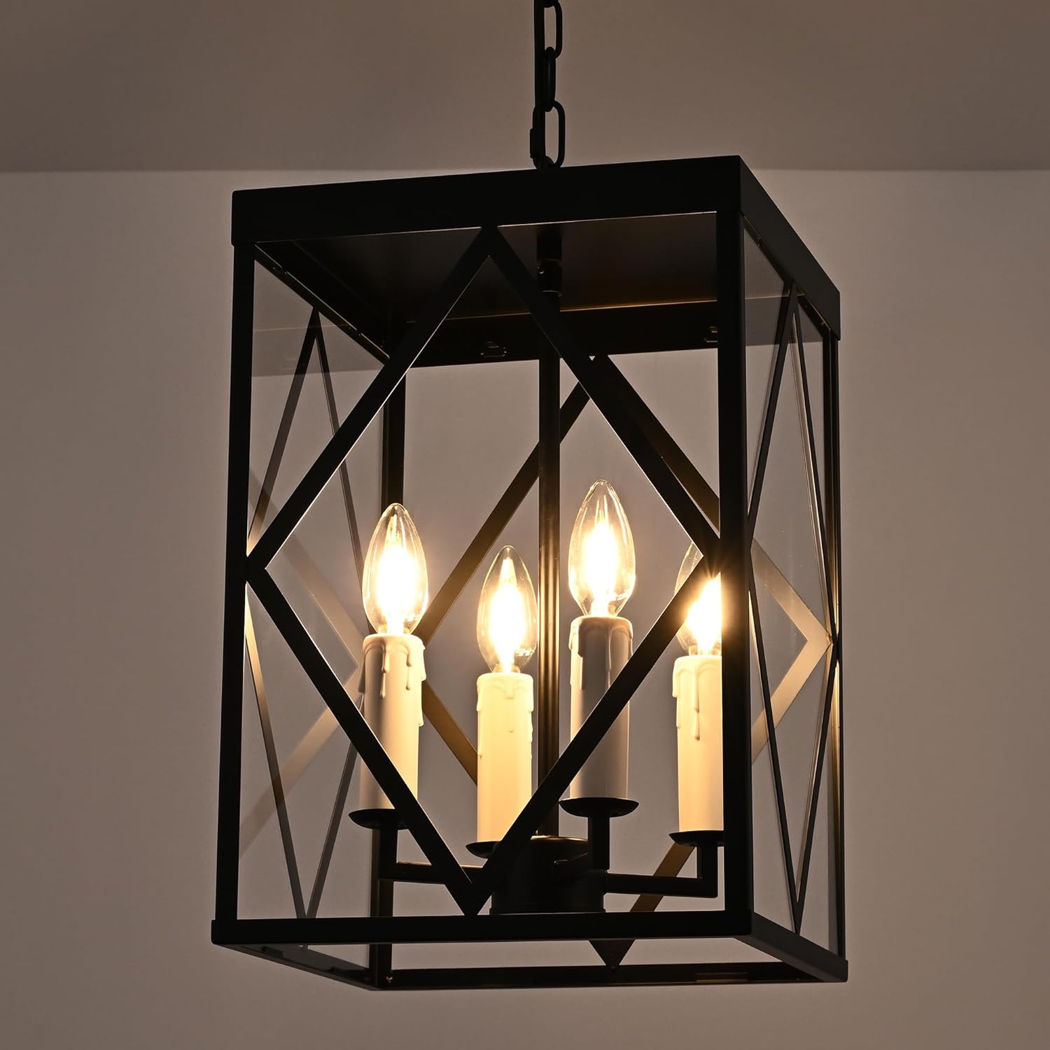 Black Exterior Pendant Lights for Porch with Clear Glass 4 Light Adjustable Hanging Lamp Farmhouse Lantern Porch Light Exterior Chandelier Ceiling Mount for Entrance Patio, White Candle Socket