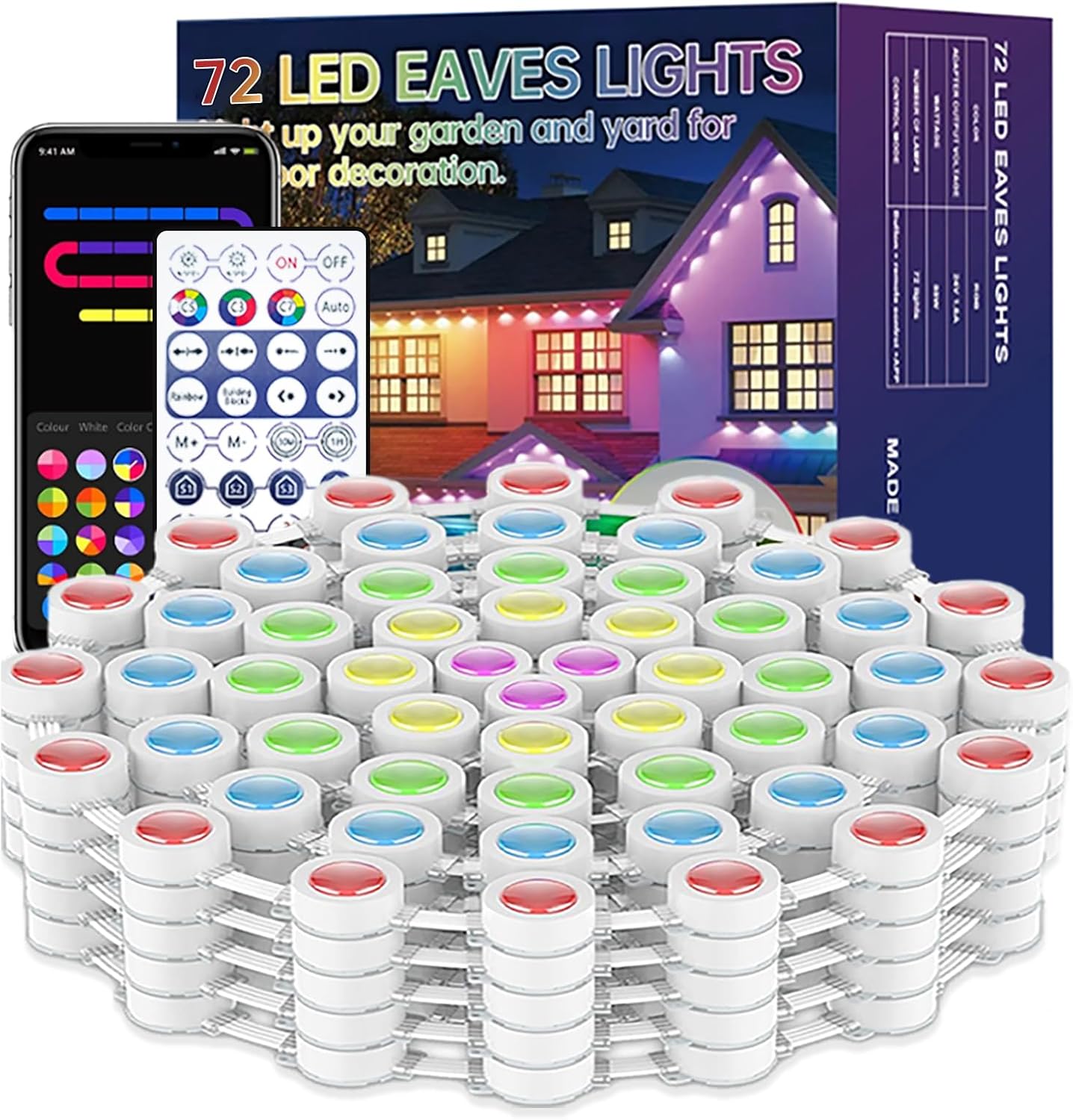 111ft Outdoor RGB Eaves Lights, Preset 72 Lighting Modes, App+Remote+Bluetooth+WiFi Control, IP65 Waterproof, Alexa & Google Assistant Compatible, DIY LED for Holiday, Home & Garden