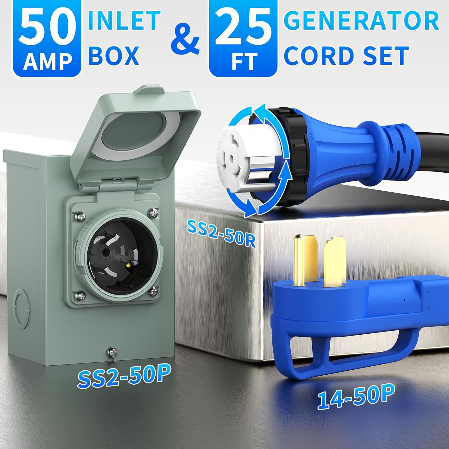 50 Amp Power Inlet Box and 25FT Generator Cord, 125V/250V Emergency Power Combo Kit, NEMA 3R Generator Plug, NEMA14-50P/SS2-50R RV Power Extension Cord, Twist Lock, Grip Handle
