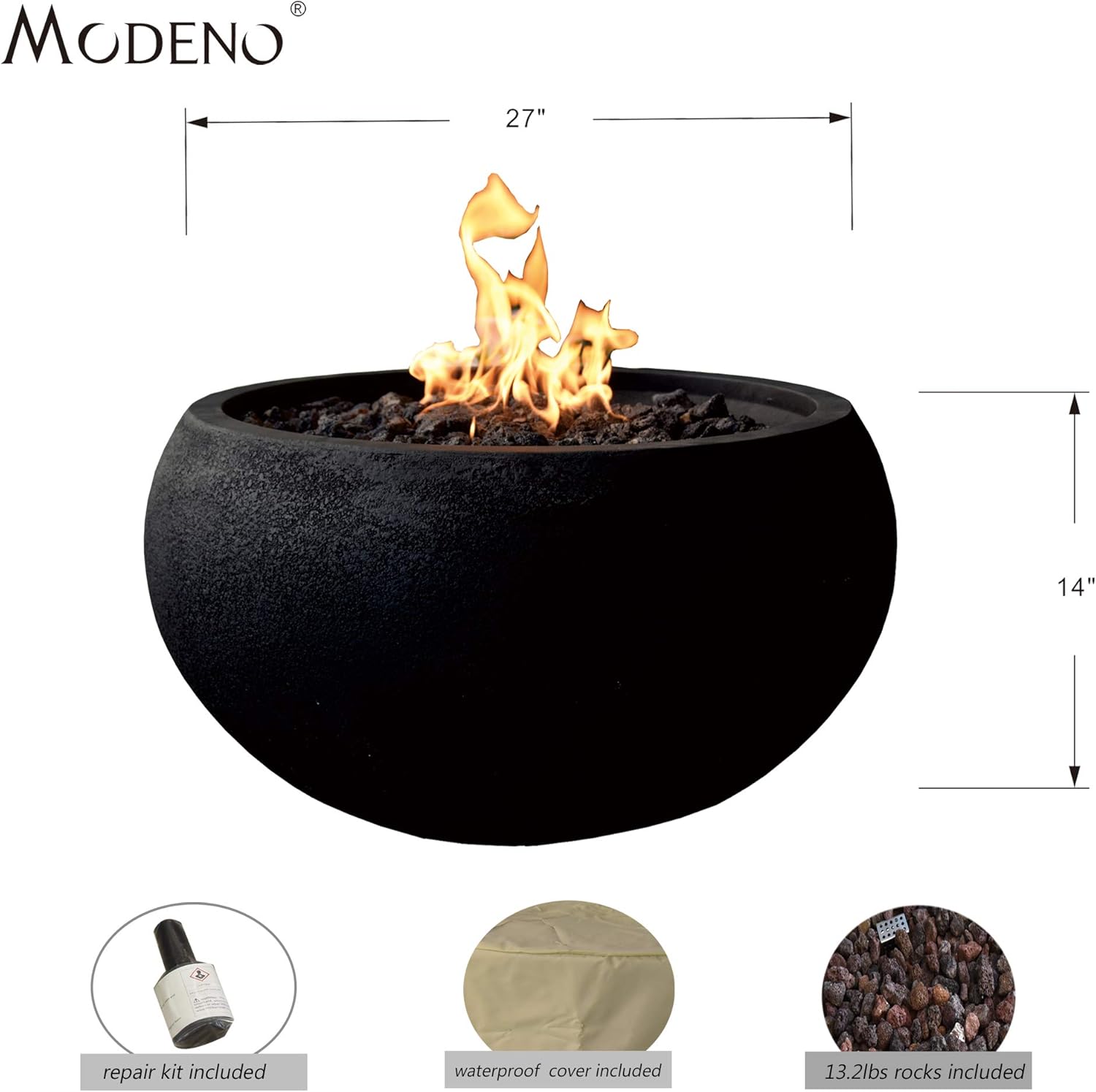 MODENO Outdoor Fire Pit Natural Gas Garden Fire Bowl, 40,000 BTU CSA Certified Firepit，Auto-Ignition System, Lava Rock&PVC Cover Included (27 x 27 x 14'', Black)