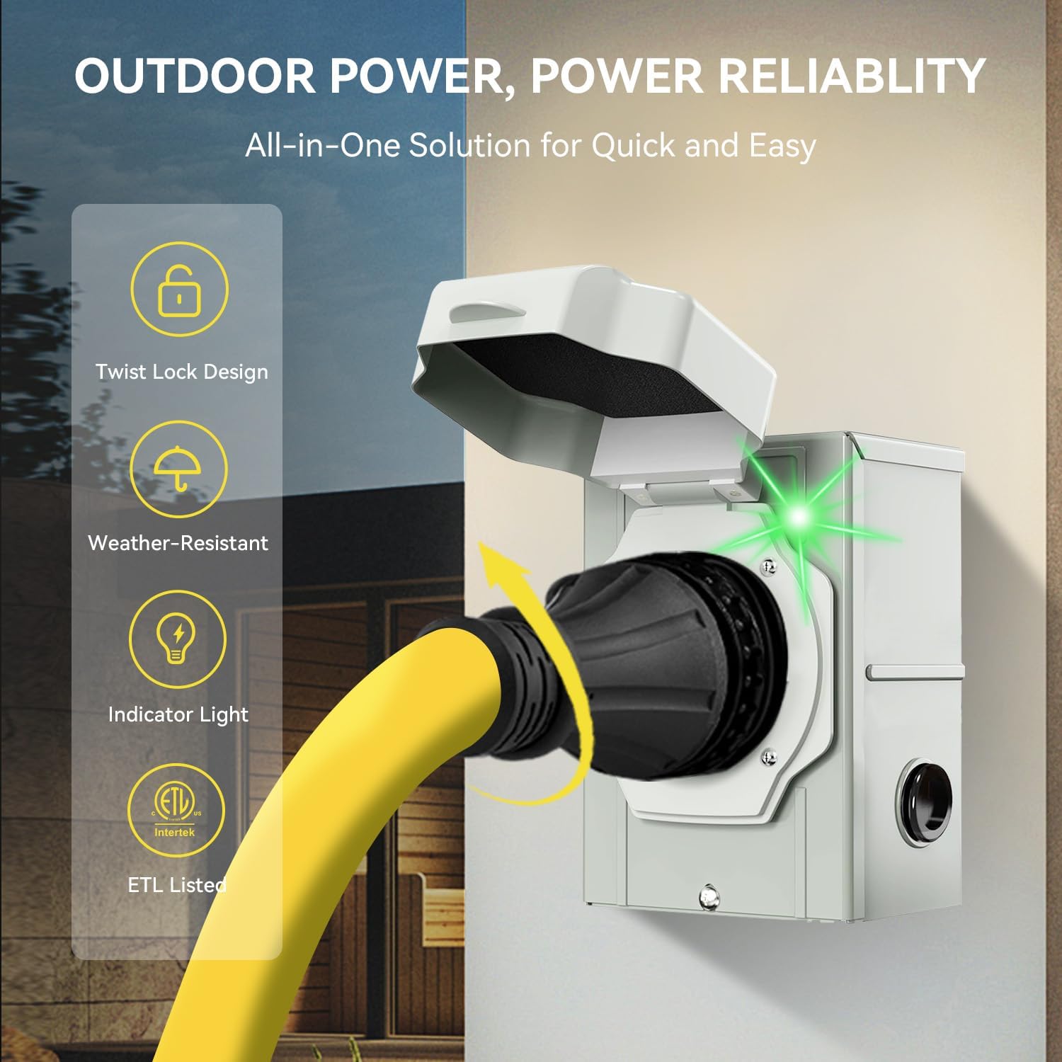 50 Amp Generator Cord and Power Inlet Box, Heavy Duty 25FT Generator Extension Cord, NEMA 14-50P to SS2-50R 125/250V Twist Locking with Pre-Drilled Inlet Box for Outdoor Emergency Kit