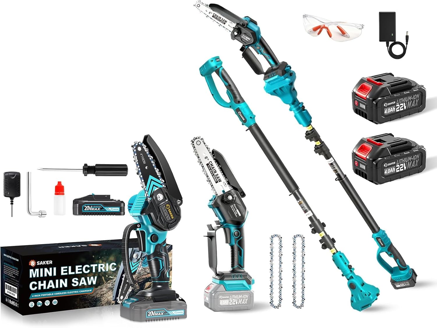 Saker Mini Chainsaw,Portable Electric Chainsaws Cordless,Handheld Chain Saw + Saker 2-in-1 Electric Pole Saw,Cordless Pole Saw Battery Powered,6 Inch Brushless Mini Chainsaw with 22V 4.0Ah Batteries