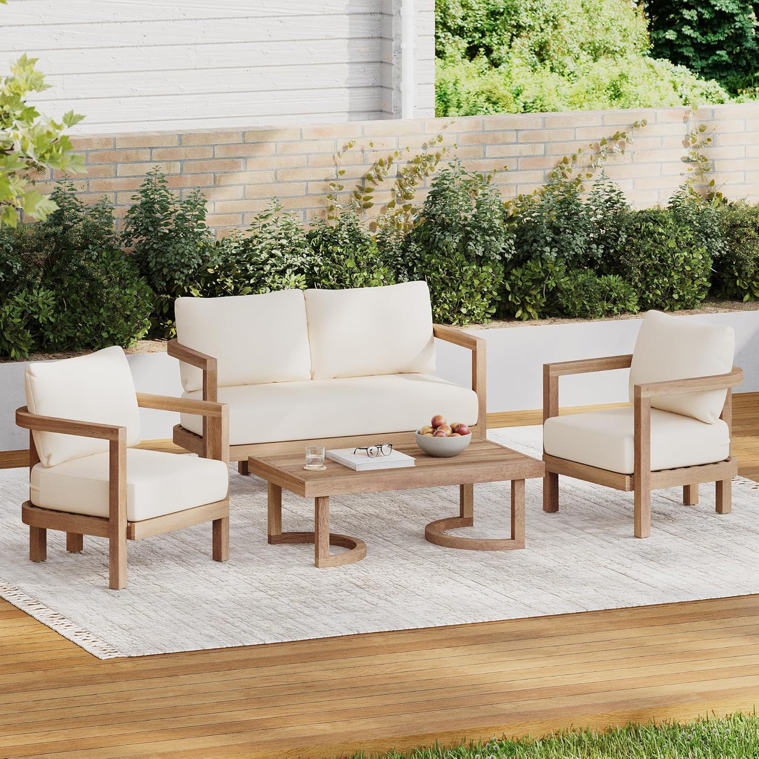4 Pcs Wood Patio Furniture Set, Outdoor Furniture with Coffee Table, Patio Conversation Set Deep Seating with Soft Cushion, Porch Chairs for Garden, Backyard Porch Balcony, Brown wash, Beige