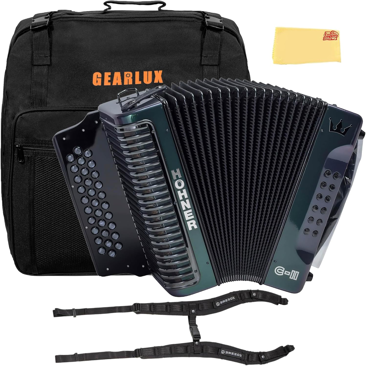 Hohner Corona C-II F/Bb/Eb Accordion - Green to Gold Bundle with Gig Bag, Adjustable Straps, and Austin Bazaar Polishing Cloth