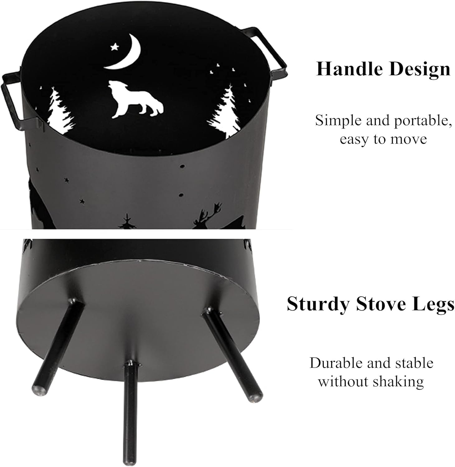 Portable Fire Pit, Outdoor Bonfire Wood Burning Fire Pits, Round Wrought Iron Firepits, Durable Metal Heating Basin for Patio Backyard Garden Beach Camping Park