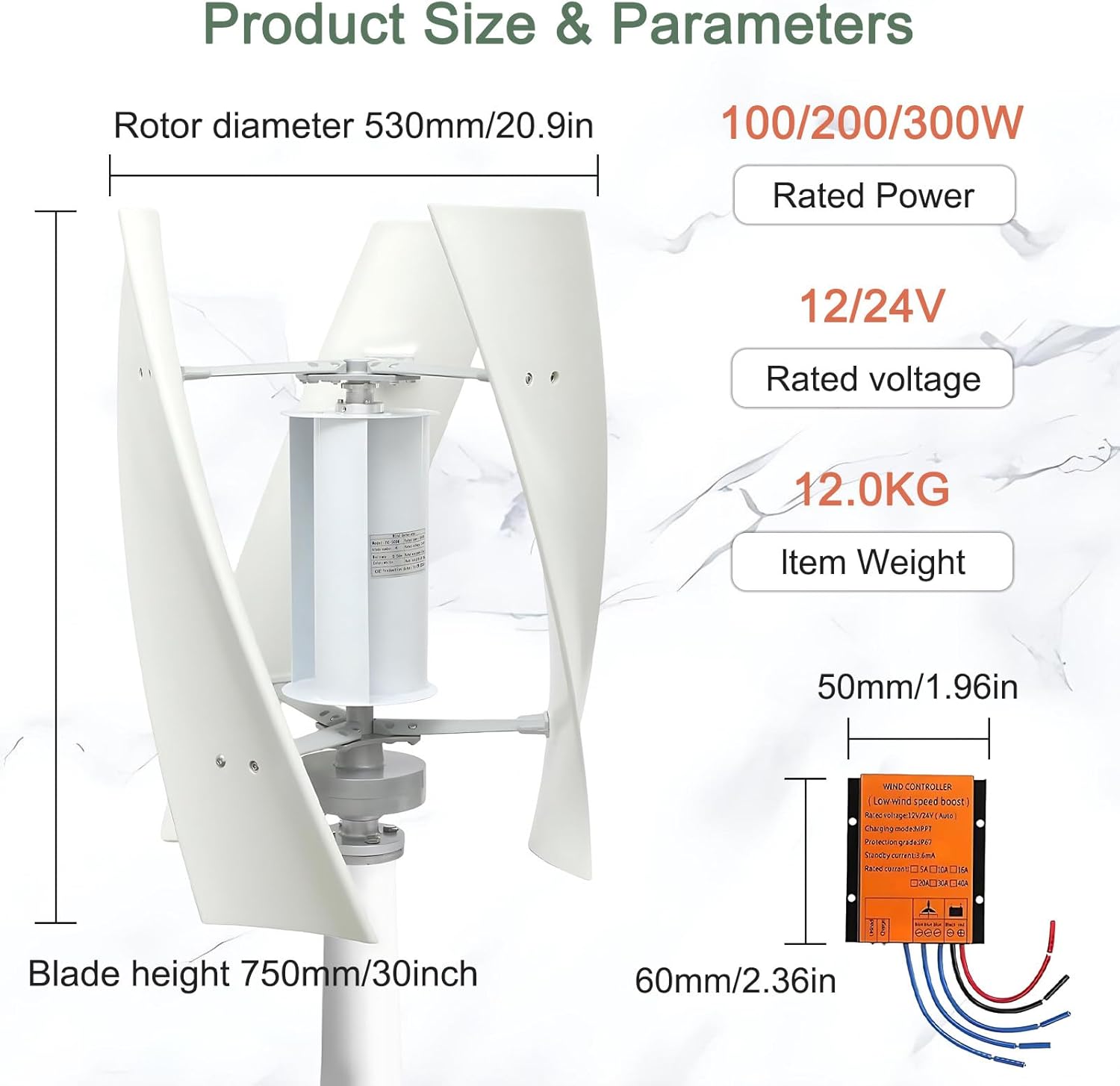 Maglev Vertical Wind Turbine Generator, 100/200/300W Low Noise Helical Blades Windmill Kit with Charge Controller for Boats and Cabins 300W