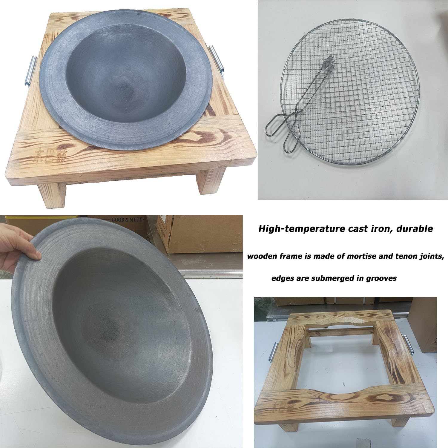 20 in Tabletop Fire Pit Tea Table - Wooden Fire Pit Table for Indoor/Outdoor Use, Portable Camping Fire Pit with Grill Grid for Tea Brewing & Food Warming &Bonfire and Picnic BBQ Grill