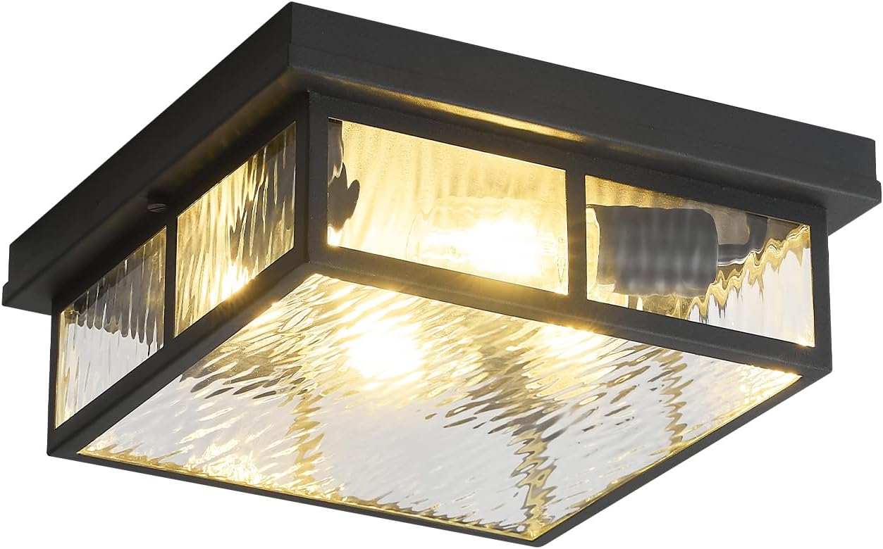 Farmhouse Flush Mount Ceiling Lights Fixtures with Water Ripples Glass Shade,Modern Matte Black Metal Square Ceiling Lamp for Bedroom,Kitchen,Porch,Entryway and Hallway,12 inch,4-Light