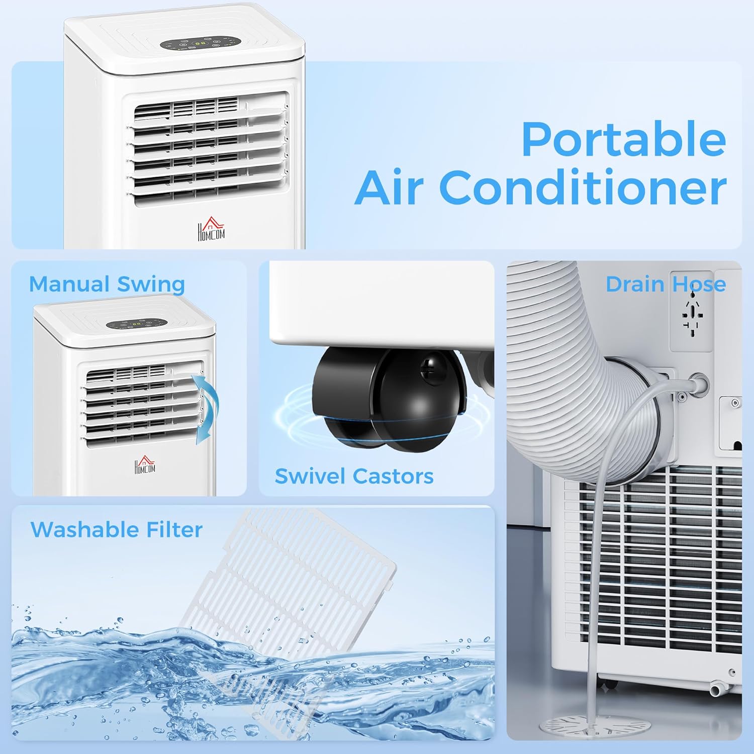 HOMCOM 8000 BTU Portable Air Conditioner, for Rooms Up to 344 Sq. Ft., 3-in-1 Portable AC Unit with Dehumidifier, Cooling Fan, Sleep, 24H Timer On/off, Remote, Window Installation Kits, White