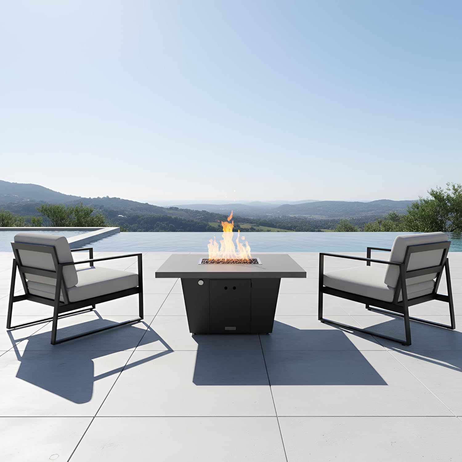 COOKE Palisades Rectangular Fire Pit Table - 52x36 - Chat Height - Natural Gas - Hilltop Grey Powdercoat Top with 3cm Edge - Grey Texture Powdercoat Base