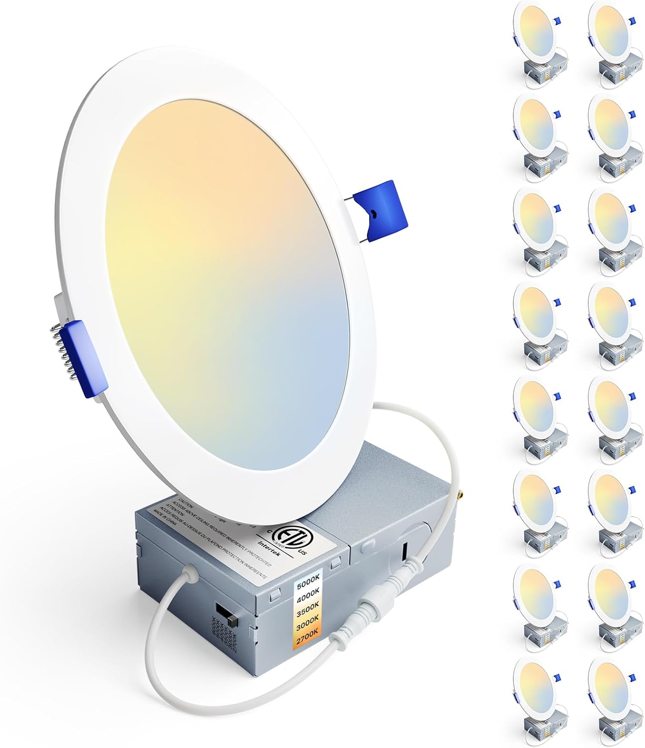 Ensenior 16 Pack 6 Inch LED Recessed Ceiling Light, Dimmable, 2700K-5000K 5CCT, 1050LM 12W 120V, High Brightness Canless Wafer Downlight - ETL&FCC&IC