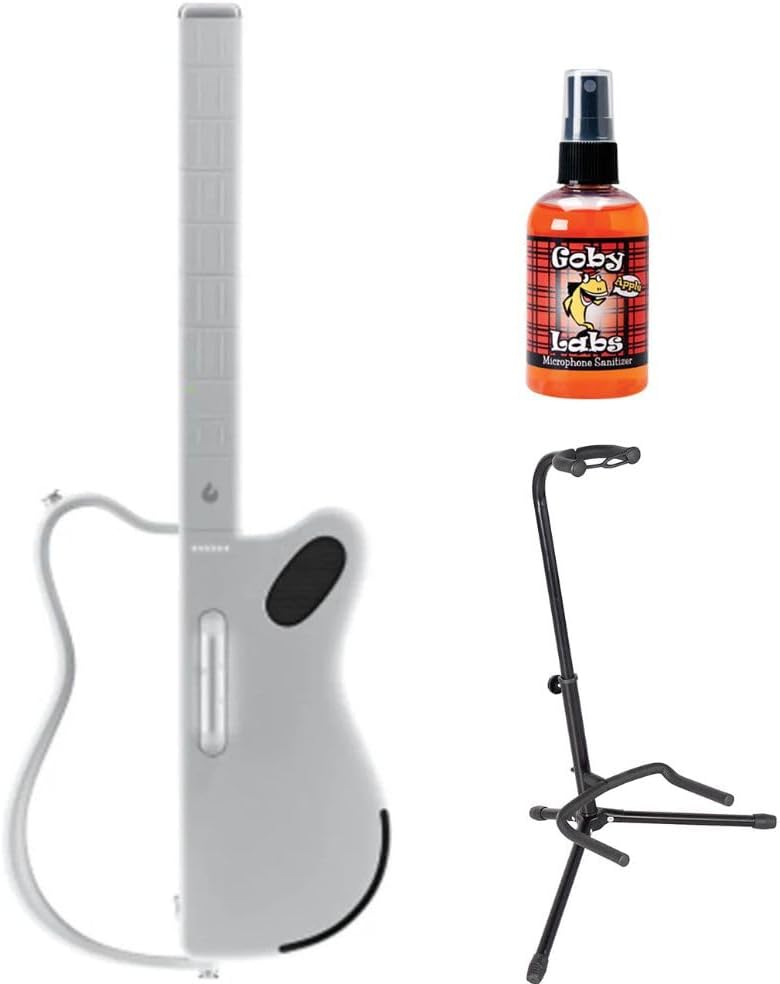 LAVA GENIE 9270002 Sampler Guitar, No Strings Attached, Hundreds of Instrument Presets, Onboard Speaker, White, 30.5 inch Bundle with Rok-It Tripod Guitar Stand, Goby Labs GLS-104 Microphone Sanitizer