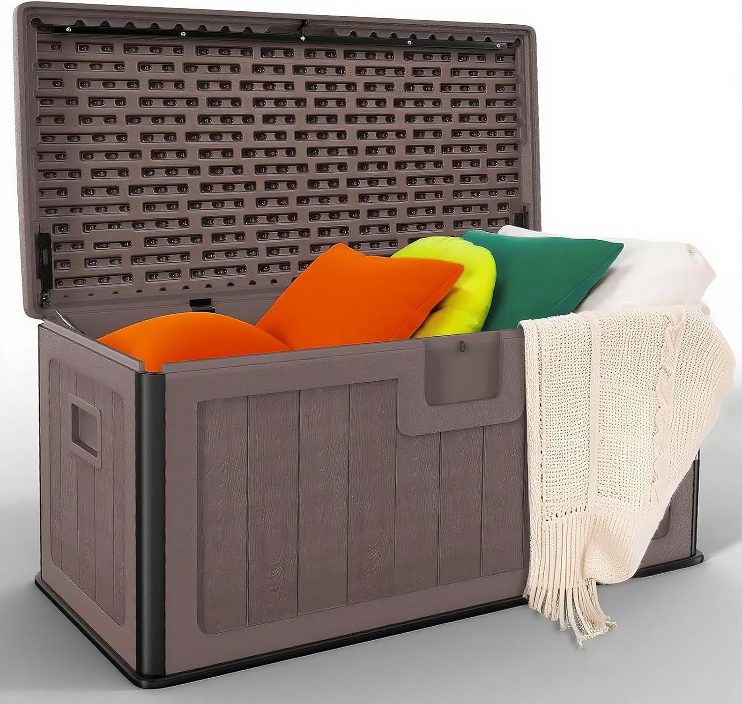 100 Gallon Deck Box, Double-Wall Construction Waterproof Outdoor Patio Storage Box, Lockable Deck Storage Bin Outdoor Storage Bench for Pool Patio Garden