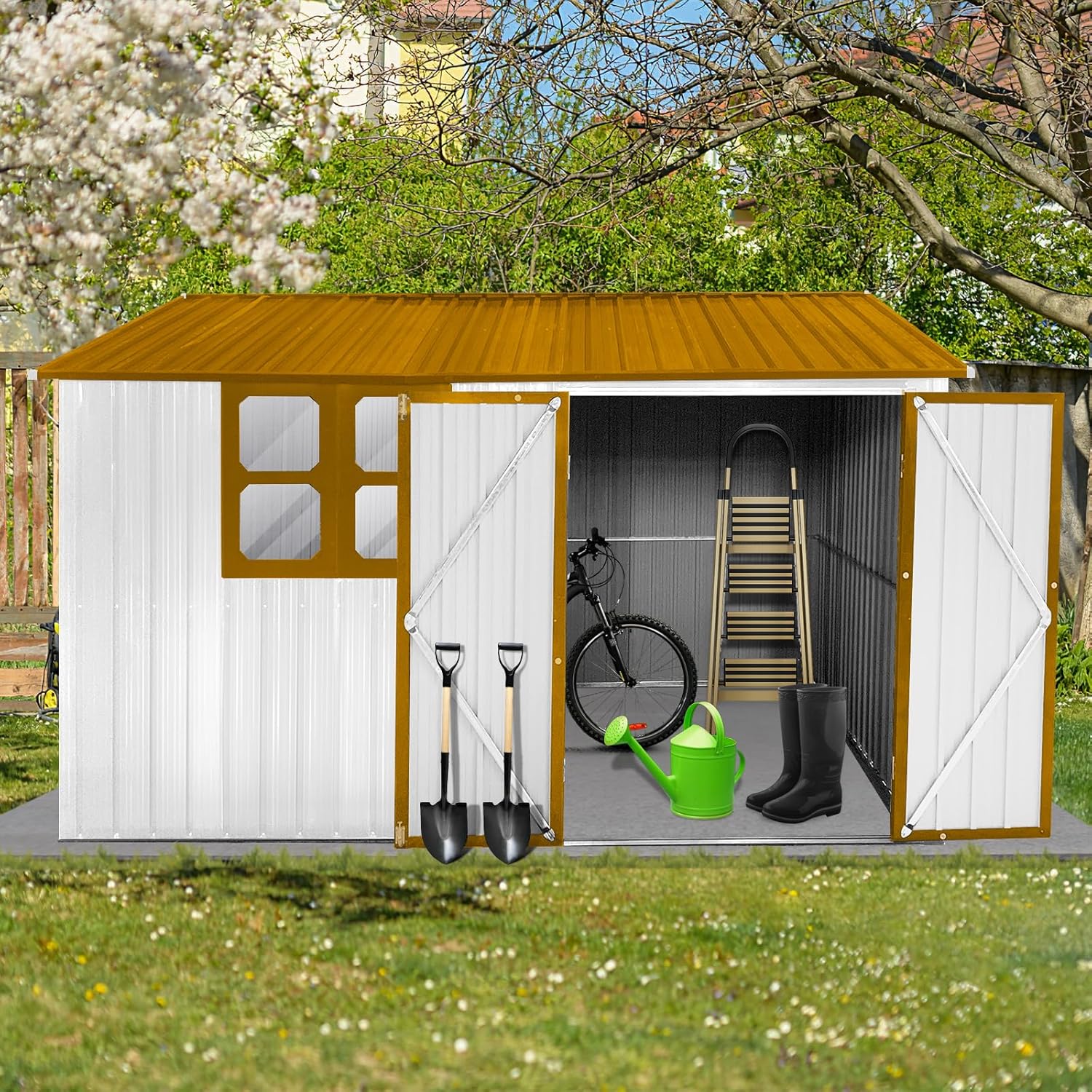 10ft x 8ft Outdoor Storage Shed Waterproof Metal Garden Tool Bike Sheds Kit Lean to Backyard Storage Building Cabinet House,White