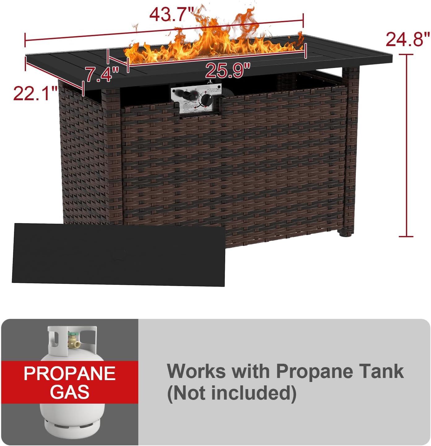 44IN Brown Wicker Gas Fire Pit Table with Side Door, Propane Powered, 50000 Btu Heat Output