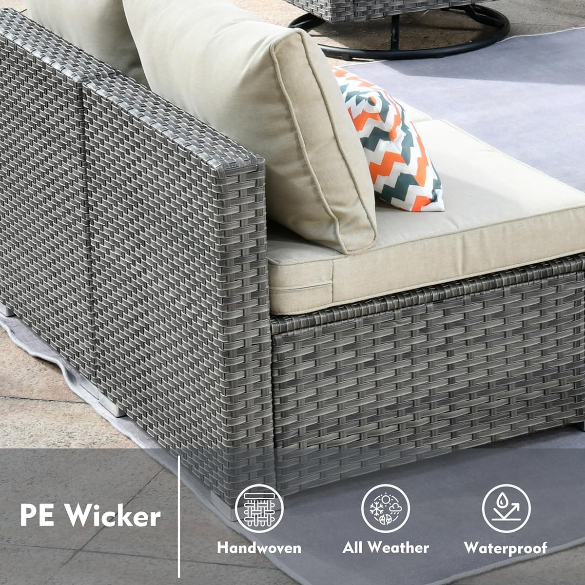 Patio Rattan Furniture Set 9-Piece Outdoor PE Wicker Conversation Couch, Gray Sectional Sofa Couch with Fire Pit, Outdoor Furniture with Rocker Chair