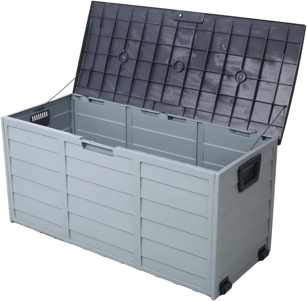 75-Gallon All-Weather Outdoor Deck Box with Wheels – Large Resin Storage Bin for Patio Cushions, Garden Tools, Pool Toys & Backyard Organization