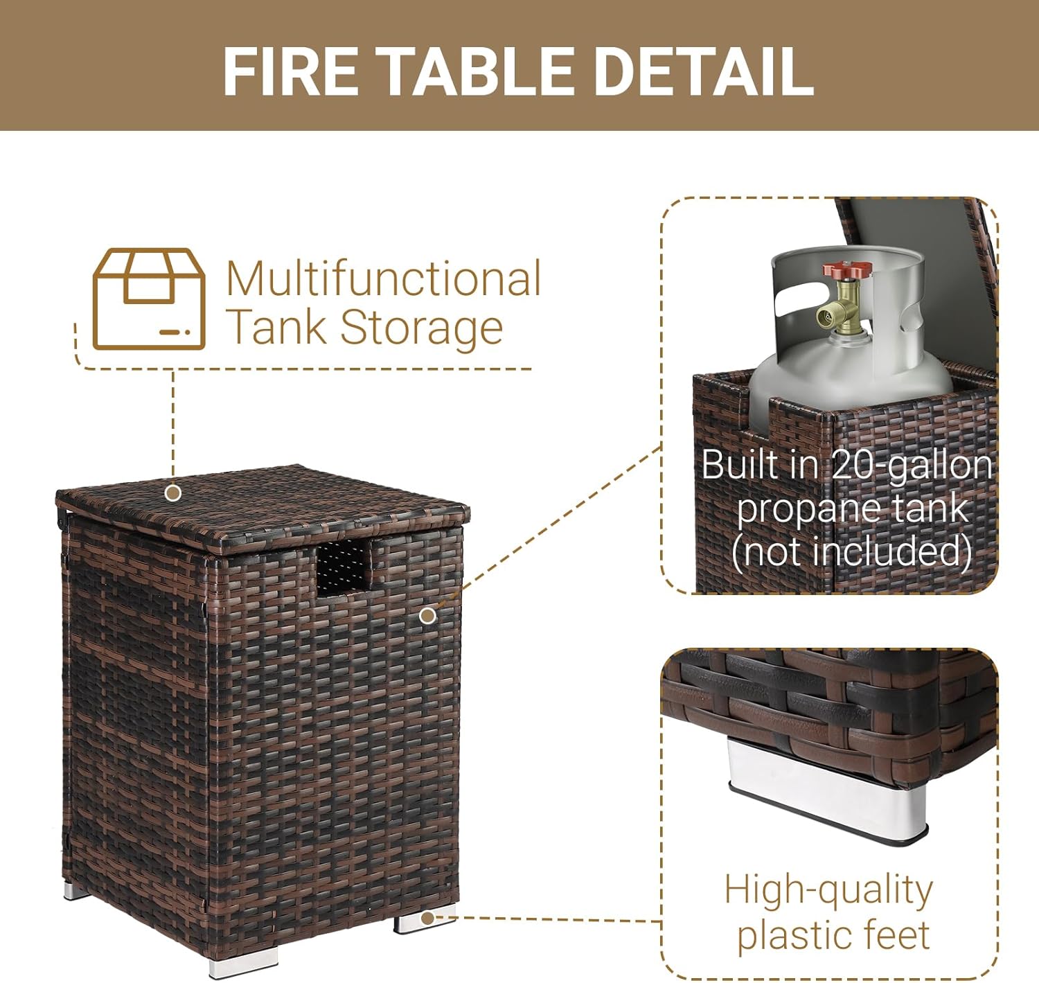 Gas Tank Storage Box, 15.7in Propane Tanks Wicker Propane Tanks Cover Table,Tanks Side Table with Storage, Outdoor Grill Table for Fire Pit Tables and Gas Grill Patio Furniture, Brown