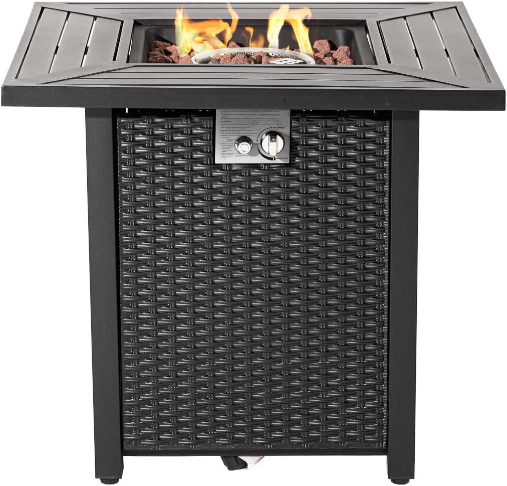 Outdoor Propane Fire Pit Table, 31 Inch 40,000BTU Black Brown Square Iron Gas Fire Table w Lid, Lava Rocks, Cover