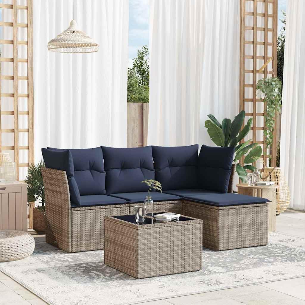 5 Piece Patio Sofa Set with Cushions, Gray Poly Rattan Outdoor Furniture, Modular Design for Backyard, Terrace, Balcony