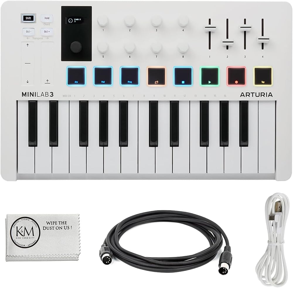 Arturia MiniLab 3 Compact MIDI Keyboard and Pad Controller | White Bundle with 6ft MIDI Cable + Microfiber Cleaning Cloth (3 Item)