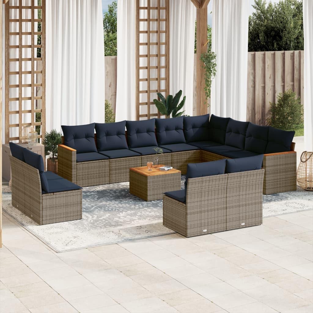 13 Piece Grey Poly Rattan Garden Sofa Set, Acacia Wood Tabletop, UV-Resistant Outdoor Patio Furniture with Washable Navy Blue Cushions, Modular Design for Backyard, Terrace, Balcony