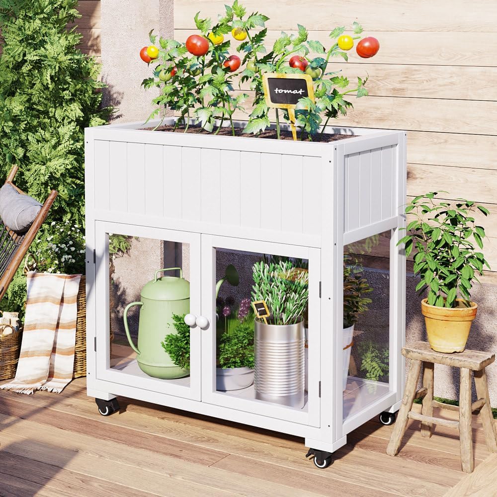 Patio Mini Greenhouse , 35.4''x17.7''x37.4'' Wood Cold Frame, Compact 2 Doors Garden Greenhouse with Wheels, Raised Bed with Liner for Indoor Outdoor Use, (White)