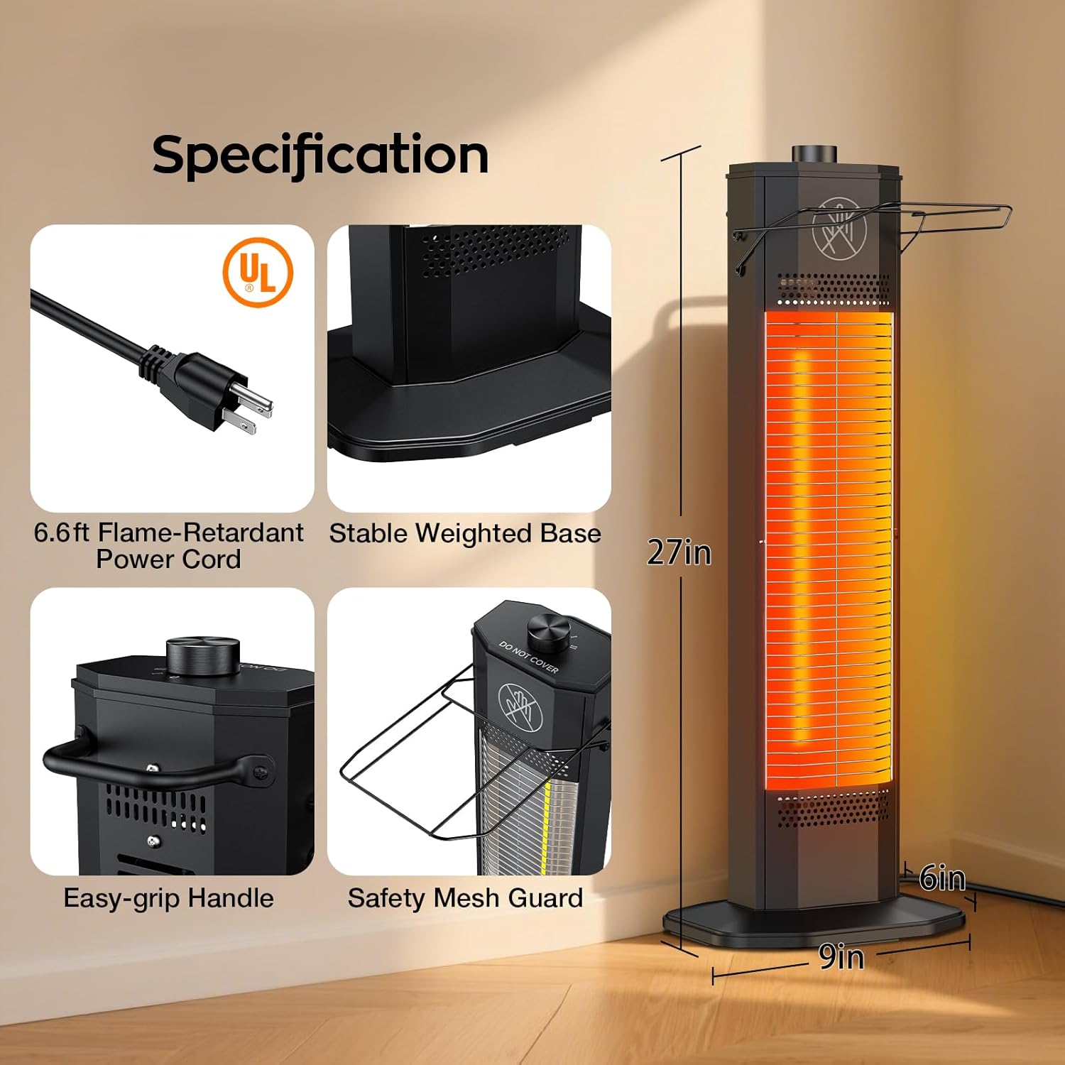 Outdoor Electric Patio Heater, 27-inch Infrared Tower Heater with 1200W Instant Heating, IPX5 Waterproof, Tip-Over & Overheat Protection, Space Heater for Patio Garage Workshop Indoor & Outdoor Use