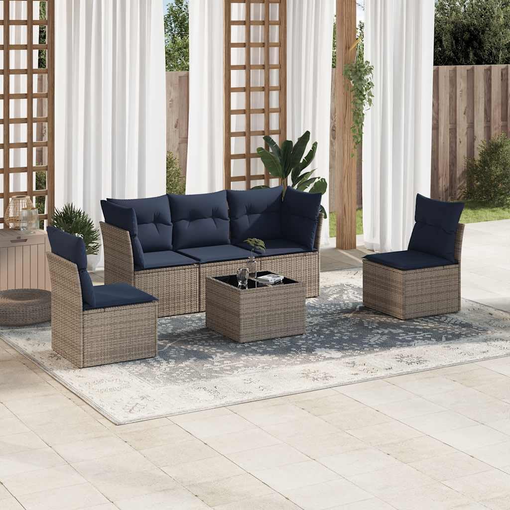 6 Piece Patio Sofa Set with Cushions, Gray Poly Rattan Outdoor Furniture, Modular Design for Backyard Terrace, Tempered Glass Tabletop, UV-Proof