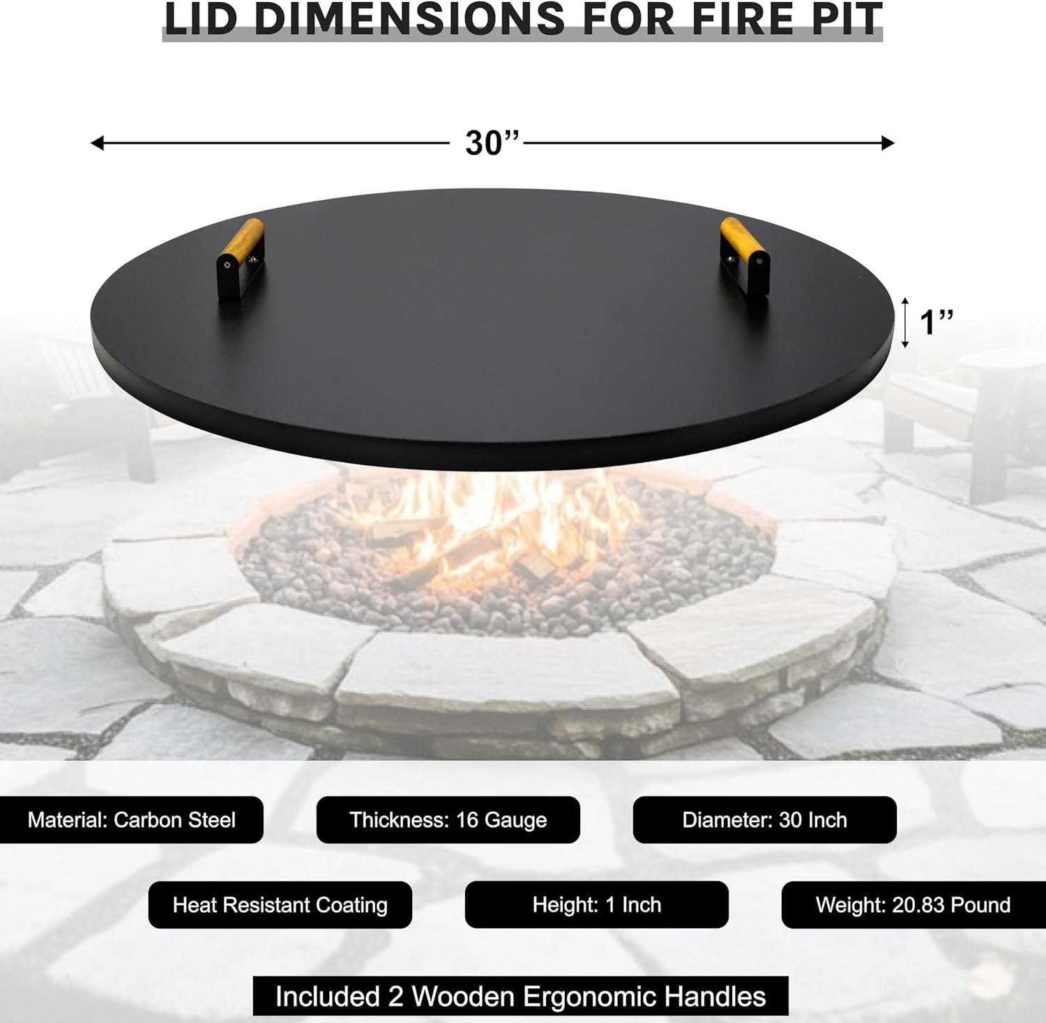 30” Round Fire Pit Lid – Heat Resistant fire Pit Cover Round Metal for Outdoor Fireplace 16 Gauge Steel Flat Fire Pit Burner Pan Cover with 2 Wooden Handles Snuffer Lid for Round Patio FirePit Ring